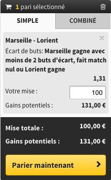 pari Marseille gagne avec moins de 2 buts decart, fait match nul ou Lorient gagne