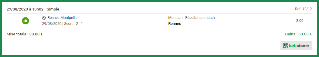 résultat du pari Rennes Montpellier pari gagnant